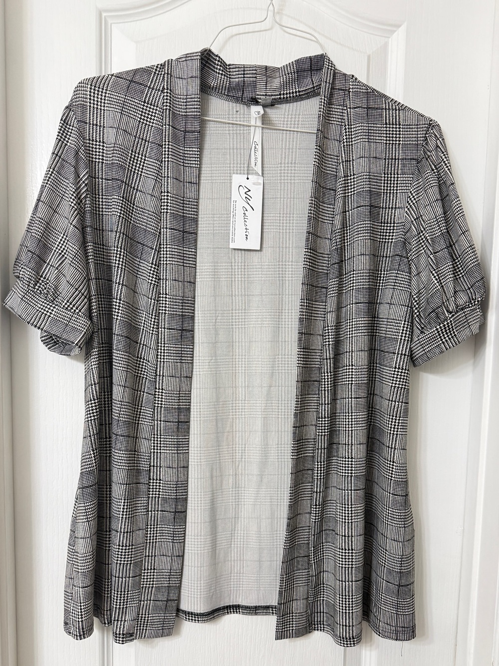 NY Collection Gray Plaid Short Sleeve Open Front Cardigan Blazer Size L